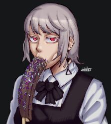 1girls :>= blowjob chainsaw_man fami_(chainsaw_man) food_in_mouth food_play imminent_fellatio imminent_oral imminent_sex looking_at_viewer mobi_mobi red_eyes school_uniform short_hair silver_hair solo suggestive suggestive_gesture