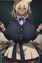 1girls ai_generated alternate_costume blazer breasts buttons classroom dark-skinned_female dark_skin earmuffs gyaru hair_between_eyes huge_breasts light_brown_hair looking_at_viewer ribbon school_uniform shirt short_hair skirt solo tanned tanned_skin touhou toyosatomimi_no_miko yellow_eyes