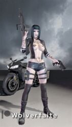 beauty_mark big_breasts black_hair black_jacket breasts combat_boots girl grenade gun machine_gun motorcycle purple_eyes scarlet shorts stockings wolverfaite