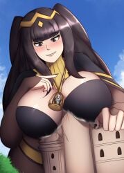 2girls big_breasts black_hair bodystocking building cage castle charlydibulol destruction female female_only fire_emblem fire_emblem_awakening giantess giantess_growth huge_breasts larger_female macro robin_(fire_emblem) robin_(fire_emblem)_(female) size_difference smile tharja_(fire_emblem) thick_thighs