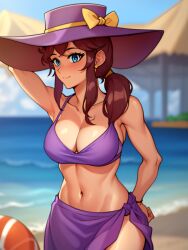 a_hat_in_time adult aged_up ai_generated big_breasts bikini bikini_bottom bikini_top blue_eyes blush blushing_at_viewer breasts brown_hair ear_piercing ear_ring earrings hair_tie happy happy_female hat hat_adult hat_kid large_breasts light-skinned_female light_skin looking_at_viewer mariegold navel ponytail purple_bikini purple_bikini_bottom purple_bikini_top purple_hat purple_skirt purple_swimsuit skirt smile smiling smiling_at_viewer swimsuit thighs tied_hair yellow_tie