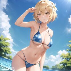 1girls ai_generated big_breasts bikini blonde_hair choclobollo day female female_only flower_in_hair genshin_impact lumine_(genshin_impact) medium_breasts short_hair swimsuit water white_flower yellow_eyes