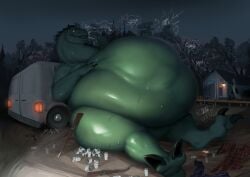 azathura beer beer_can belly big_belly claws color detailed_background digestion glowing_eyes green_skin gun huge_belly jess_(azathura) male male_only mass_vore monster overweight picking_teeth rifle scalie shaded stomach_bulge stomach_noises van vehicle vore vore_belly