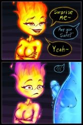 absurd_res breasts comic elemental_(pixar) elemental_creature ember_lumen female fire fire_body fire_creature flaming_hair genitals gradient_background hi_res humanoid male not_furry nude orange_eyes penis pseudo_hair simple_background skeletalheart smile wade_ripple water water_body water_creature