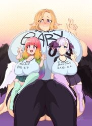 3girls angel angel_wings bangs beauty_mark big_breasts blonde_hair blue_eyes blush breast_press breasts breasts_bigger_than_head dmxwoops elf elf_ears elf_female eonbound faith_(eonbound) gigantic_breasts goth goth_girl huge_breasts large_breasts light_purple_hair married married_couple milf mother mother_and_daughter multicolored_hair nocturna pointy_ears rainbow_hair shortstack size_difference small_but_busty smaller_female stockings taller_girl wide_hips wings xaessya yuri