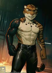 1boy 2023 abs alexa_neon anthro artist_logo artist_name bara beige_countershading body_fur bottomwear brown_stripes clothed cybernetic_arm cybernetic_limb cyberpunk feline furry leather male male_nipples male_only mammal masculine max_strong muscles muscular_male no_visible_genitalia orange_eyes pantherine pants pecs smile smirk solo tail tan_fur tiger topless_male