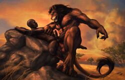 abs anal anal_sex animal_genitalia animal_penis anthro anthro_penetrating anthro_penetrating_human bald big_dom_small_sub brown_mane dark_body dark_skin dominant duo erection eye_contact felid fur genitals grass hand_on_chest hi_res human human_on_anthro human_penetrated interspecies larger_anthro larger_male lion looking_at_another male male/male male_penetrated male_penetrating male_penetrating_male mammal mane markings muscular muscular_anthro muscular_male nipples nude orange_body orange_fur outside_sex pantherine pecs penetration penile penile_penetration penis penis_in_ass plant rock s_anima sex size_difference smaller_human smaller_male smaller_penetrated tree tribal tribal_markings