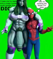 1boy 1futa 3d 3d_(artwork) abs balls big_balls big_breasts big_penis clothed_male english_text flaccid futa_on_male futa_with_male futanari giant_penis green_background hdregrets huge_balls huge_breasts huge_cock hulk_(series) imminent_sex large_breasts male male_with_futa marvel marvel_comics muscular muscular_futanari penis pubic_hair she-hulk simple_background size_difference spider-man spider-man_(series) superhero text thought_bubble