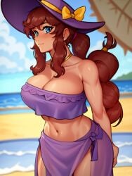 a_hat_in_time adult aged_up ai_generated big_breasts bikini bikini_bottom bikini_top blue_eyes blush blushing_at_viewer breasts brown_hair hair_tie happy happy_female hat hat_adult hat_kid large_breasts light-skinned_female light_skin looking_at_viewer mariegold navel ponytail purple_bikini purple_bikini_bottom purple_bikini_top purple_hat purple_skirt purple_swimsuit purple_tie skirt smile smiling smiling_at_viewer swimsuit thighs tied_hair