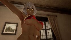 1girls 3d abs armpits code_vein dark-skinned_female dark_skin female female_only game_screenshot modded muscles oc original_character player_character silver_hair solo white_hair white_lipstick yellow_eyes