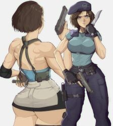 1girls ass_focus brown_hair butt_cheeks gun jill_valentine miniskirt pistol resident_evil resident_evil_3 tubetop upskirt yoracrab