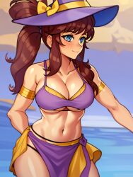 a_hat_in_time adult aged_up ai_generated armwear big_breasts bikini bikini_bottom bikini_top blue_eyes blush blush blushing_at_viewer breasts brown_hair hair_tie happy happy_female hat hat_adult hat_kid large_breasts light-skinned_female light_skin looking_at_viewer mariegold navel ponytail purple_bikini purple_bikini_bottom purple_bikini_top purple_hat purple_skirt purple_swimsuit skirt smile smiling smiling_at_viewer swimsuit thighs tied_hair voluptuous voluptuous_female yellow_armwear