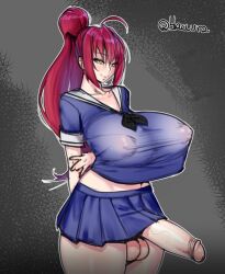 1futa 2017 balls big_penis bottomless breasts burakku-ra clothed clothing dickgirl erection futa_only futanari huge_breasts huge_cock human light-skinned_futanari light_skin long_hair mostly_clothed nipples_visible_through_clothing penis red_hair school_uniform skirt solo solo_futa standing translucent_clothing