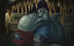 alligator anthro azathura belly big_belly big_tail boat color crocodilian green_scales hand_on_belly hat huge_belly huge_thighs male male_only overalls overweight overweight_anthro overweight_male red_eyes reptile scalie shaded sharp_teeth sloshing_belly stomach_bulge stomach_noises straw_hat swamp tail thick_thighs vore vore_belly