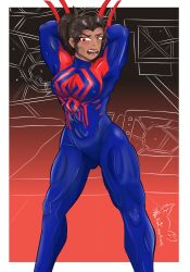 1girls abs big_breasts bodysuit breasts dark-skinned_female dark_skin disgusted disgusted_look fangs female female_only genderswap_(mtf) marvel miguel_o'hara milf mtf_transformation muscular muscular_female neko_cookie ponytail red_eyes rule_63 short_hair solo spider-man:_across_the_spider-verse spider-man:_into_the_spider-verse spider-man_(series) spider-woman_2099 thick_thighs tomboy