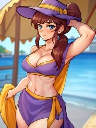 a_hat_in_time adult aged_up ai_generated big_breasts bikini bikini_bottom bikini_top blue_eyes blush blushing_at_viewer breasts brown_hair hair_tie happy happy_female hat hat_adult hat_kid large_breasts light-skinned_female light_skin looking_at_viewer mariegold navel ponytail purple_bikini purple_bikini_bottom purple_bikini_top purple_hat purple_skirt purple_swimsuit skirt smile smiling smiling_at_viewer swimsuit thighs tied_hair towel yellow_towel