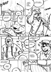 absurd_res age_difference anthro bear biped blush bovid bovine bulge cattle clothed clothing comic delivery_(commerce) delivery_employee dialogue duo english_text food_carrier food_delivery genital_outline hairy hat headgear headwear hi_res horn husky92 male male/male mammal monochrome necktie older_anthro older_male partially_clothed penis_outline pizza_box pizza_delivery pizza_delivery_carrier speech_bubble text thought_bubble underwear