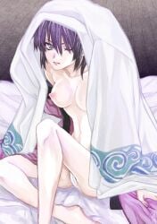 breasts_out cross_guilty dark_hair dark_purple_hair expressionless female female_only genderswap_(mtf) gintama green_eyes hair_over_one_eye japanese_clothes kimono looking_at_viewer one_eye_closed open_clothes open_kimono pale-skinned_female pale_skin purple_hair rule_63 short_hair sitting solo takasugi_shinsuke wearing_others_clothes