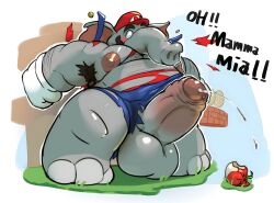 absurd_res anthro arm_tuft armpit_hair bodily_fluids body_hair body_size_growth chest_hair clothing elephant elephant_fruit elephant_mario elephantid erection food friendly_unit93 genital_fluids genitals hi_res male male_only mammal mario mario_(series) nintendo penis precum proboscidean size_transformation solo super_mario_bros._wonder torn_clothing transformation tuft