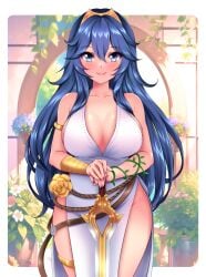 1girl 1girls alternate_breast_size alternate_costume blue_eyes blue_hair breasts cleavage commission crown cute detailed_background falchion_(fire_emblem) female female_only fire_emblem fire_emblem_awakening fire_emblem_heroes golden_bracelets hair_between_eyes large_breasts long_hair lucina_(fire_emblem) lucina_(valentine)_(fire_emblem) nintendo official_alternate_costume pelvic_curtain smile solo sugarbell sword thighs tiara vines weapon white_dress