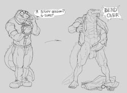 1boy 2020s 2023 5_toes ? abs adjusting_glasses aggressive alligator anthro anthro_only anthrofied armwear arrow_(symbol) athletic athletic_male balls bara barazoku barely_clothed belt black_and_white bodily_fluids book bottomless button_down_shirt clothed condom condom_in_mouth condom_wrapper dama624 demanding demanding_sex dialogue digital_drawing_(artwork) digital_media_(artwork) drool erection eyewear fangs feet fingerclaws front_view full_body fully_clothed genital_fluids genitals glasses grayscale hand_on_glasses hand_on_penis holding holding_book holding_object humanoid humanoid_genitalia humanoid_penis imminent_sex jock looking_at_viewer male male_only mostly_nude muscular muscular_anthro muscular_arms muscular_male naked nerd nerdy_male nude pants pants_down pantsless penis pov precum precum_drip precum_on_penis precum_string reptile sexual_barrier_device shoes sketch solo standing stuttering sweat sweatdrop sweating tail taking_clothes_off taking_off_shirt teeth text tie undressed undressing uneven_balls veiny_penis watch