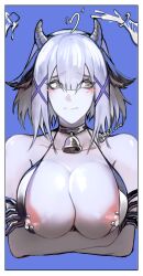 1girls bell_collar bra breast_squeeze breasts_out collar cow_ears cow_horns cowbell lactation me1 milk milk_jug nipple_piercing nipples pale-skinned_female punishing:_gray_raven robot_girl rosetta_(punishing:_gray_raven) short_hair solo white_hair yellow_eyes