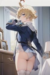 1boy ahoge ai_generated ass ass_focus blonde_hair blue_eyes blush bulge butt_crack coat crossdressing embarrassed from_behind genshin_impact gloves huge_ass looking_at_viewer looking_back mika_(genshin_impact) panties shiny shiny_hair shiny_skin short_hair solo thick_thighs thighhighs trap zod_ai