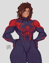 abs biceps big_breasts bodysuit brown_hair dark-skinned_female dark_skin female genderswap_(mtf) hdhx long_hair marvel miguel_o'hara muscles muscular muscular_arms muscular_female muscular_thighs red_eyes rule_63 solo spider-man:_across_the_spider-verse spider-man_2099 spider-woman_2099 thick_thighs wide_hips