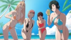 4girls antoniomalara beach big_breasts bikini chainsaw_man cleavage eyepatch female female_only higashiyama_kobeni himeno_(chainsaw_man) light-skinned_female makima_(chainsaw_man) mappa multiple_girls pov power_(chainsaw_man) thick_thighs