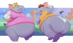 2girls adorable anthro big_ass big_belly big_butt blonde_hair brown_hair cute elephant elephant_daisy elephant_fruit elephant_peach fat fat_girl female female_only grey_skin huge_ass huge_butt looking_back mario_(series) multiple_girls nintendo obese obese_female outdoors overweight overweight_female princess_daisy princess_peach subakitsu super_mario_bros._wonder transformation