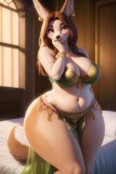 ai_generated amber_eyes anthro auburn_hair bed bedroom big_breasts black_nose blush busty chubby cleavage eyeshadow fertility_symbol fur furry gigantic_thighs hand_on_chin harem_girl harem_outfit indoors jackal jewelry long_ears looking_at_viewer milf mom_bod mombod mommy navel pear-shaped_body pear-shaped_figure pear_shaped_female pelvic_curtain plump snout stable_diffusion tail thick voluptuous wgenjoyr4539