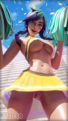 big_breasts blue_hair cheerleader commission fortnite green_hair helix3d highres looking_at_viewer no_bra no_panties splatterella