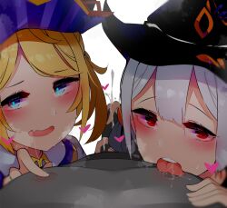 2girls blonde_hair cum eyebrows_visible_through_hair handjob hat kuroishimebo multiple_girls open_mouth tagme tongue tongue_out white_hair