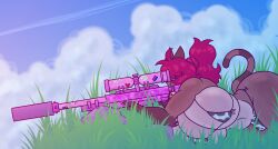 big_breasts breasts cow_print dapper_little_arts furry gun huge_breasts outdoors pride_color_flag sniper_rifle thick_thighs wide_hips