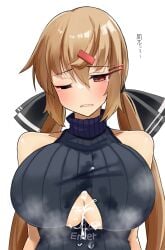 black_bow black_sweater blush bow breasts brown_eyes brown_hair cleavage cleavage_cutout clothing_cutout female hair_between_eyes hair_ornament hairbow hairclip highres kantai_collection komb large_breasts long_hair low_twintails one_eye_closed open_mouth ribbed_sweater simple_background sleeveless sleeveless_sweater solo sweater tashkent_(kantai_collection) turtleneck turtleneck_sweater twintails upper_body white_background