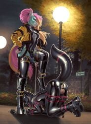 100racs 2020s 2023 anal anal_sex anthro ass ass_up balls black_chastity_cage bodily_fluids boot_worship boots building buttplug buttplug_in_ass buttplug_insertion buttplug_vibrator chain_collar chain_leash chains chastity_cage chastity_device city city_background city_lights clothing cock_gag collar country_curves_(oc) crotch_zipper cuff_(restraint) d-ring dominant dominant_anthro dominant_gynomorph dominant_in_chastity dominant_intersex dripping drool_on_feet drooling duo english_text equid equine exhibitionism fingerless_gloves foot_fetish foot_lick foot_on_back foot_play footwear gag gagged genital_fluids genitals gimp gimp_mask gimp_suit glistening glistening_balls glistening_genitalia gloves gynomorph hair hair_over_eye handwear hi_res holding_leash holding_object hood hooded hoof_lick hoof_on_back hooves horse intersex jacket latex latex_armwear latex_gloves latex_hood latex_legwear latex_leotard latex_stockings latex_thigh_highs leaking_precum leash leashed_collar leather_cuffs legwear licking lin_(100racs) looking_at_viewer male mammal mask mutual_chastity night object_in_ass one_eye_obstructed park penetration penis plant plug_(sex_toy) plug_insertion pony ponytail ponytail_over_shoulder precum precum_drip procyonid raccoon restraints ring_gag rubber rubber_boots rubber_clothing rubber_fetish rubber_suit saliva sex_toy sex_toy_in_ass sex_toy_insertion shrub sign skyscraper smile smiling_at_viewer smirk smirking_at_viewer street_lamp submissive submissive_anthro submissive_male techwear text thigh_highs tongue tongue_out topwear tree vibrator vibrator_in_ass zipper