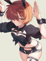 1boy :/ ahoge animal_ears arched_back arms_up backlighting black_panties black_shorts blush bulge bulge_in_panties bulge_through_clothing chest_harness cowboy_shot crop_top crossdressing crotchless_shorts fake_animal_ears fate/grand_order fate_(series) femboy fuuma_kotarou_(fate) girly hair_over_one_eye harness highres male male_focus male_only micro_shorts navel omiyacha open_hands otoko_no_ko panties parted_bangs puffy_short_sleeves puffy_sleeves rabbit_ears rabbit_pose red_eyes red_hair short_hair short_sleeves shorts simple_background single_thighhigh skindentation solo standing string_panties studs sweatdrop thighhighs trap underwear wrist_cuffs