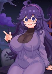 1girls big_breasts bluefrok clothing hex_maniac nipple_bulge pokemon purple_hair smile tagme thick_thighs