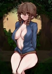 1girls amane_suzuha bottomless braided_hair brown_eyes brown_hair cleavage female fluffy_hair hikiart jacket_only large_breasts light-skinned_female naked_jacket nature navel no_bra outdoors short_hair sitting smile solo steins;gate thighs tomboy track_jacket tree twin_braids yellow_eyes