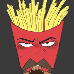 2boys adult_swim animate_inanimate aqua_teen_hunger_force blowjob blush cartoon_network clothebro color colored dark_skin facial_hair french_fries frylock gay goatee grey_background human interspecies interspecies_yaoi male/male male_focus male_only mouth_full_of_cock object oral oral_sex pov pubic_hair sex signature sucking_penis sweatdrop watermark yaoi