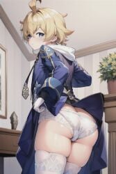 1boy ahoge ai_generated ass ass_focus blonde_hair blue_eyes blush bulge butt_crack coat crossdressing embarrassed from_behind genshin_impact gloves huge_ass looking_at_viewer looking_back mika_(genshin_impact) panties shiny shiny_hair shiny_skin short_hair solo thick_thighs thighhighs trap zod_ai