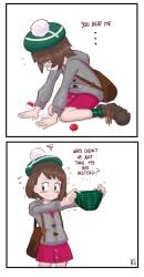 2_panel_comic 2koma 5_fingers artist_request blacked_out blush blush_lines brown_hair colored comic defeated english_text gloria_(pokemon) hat holding_object holding_panties nintendo offering_clothing offering_underwear panties plaid plaid_panties poke_ball pokeball pokemon shoes text