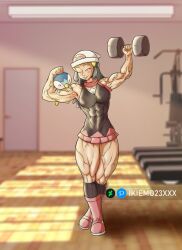 abs biceps dawn_(pokemon) game_freak girl girly ikiemo23xxx indoors legs muscles muscular muscular_female nintendo piplup pokegirl pokemon pokemon_(species) working_out