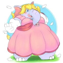 1girls blonde_hair clothing dress elephant elephant_fruit elephant_peach fat fat_girl female female_only grey_skin homemosaco mario_(series) morbidly_obese morbidly_obese_female nintendo obese obese_female overweight overweight_female princess_peach solo solo_female standing super_mario_bros._wonder transformation