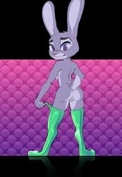 2020s 2023 anthro ass blazera breasts disney eyebrows female fur genitals grey_body grey_fur hi_res judy_hopps lagomorph latex latex_stockings leporid long_ears looking_at_viewer looking_back looking_back_at_viewer mammal purple_eyes pussy rabbit scut_tail short_tail side_boob solo standing tail zootopia