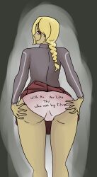1girls 5_fingers ass back back_view behind_view colored english_text female female_only gravity_rush holding holding_ass holding_butt kat_(gravity_rush) panties presenting presenting_ass presenting_butt presenting_hindquarters red_eyes skirt skirt_up solo solo_female solo_focus text