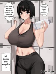 big_breasts black_hair clothed clothed_female enari large_breasts light-skinned_female light_skin short_hair spanish_text spanish_translation sport_clothes sports_bra sportswear text