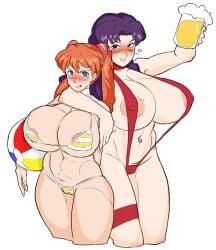 2girls alternate_breast_size asuka_langley_sohryu beach_ball beer beer_mug big_breasts blush breasts choker curvy drunk duo female female_only gainax gibberish_(artist) hanging_breasts huge_breasts human large_breasts light-skinned_female light_skin long_hair looking_at_viewer micro_bikini misato_katsuragi multiple_girls neon_genesis_evangelion orange_hair purple_hair septum_piercing thick_thighs venus_body voluptuous wide_hips