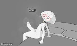 1boy 1femboy :3 bed bedroom big_penis champaanimation champi_(oc) choker erection femboy heart-shaped_pupils huge_cock hung_trap imminent_oral imminent_sex looking_at_viewer male male_only mushroom mushroom_humanoid naked red_glasses simple_background smooth_penis solo text thick white_body