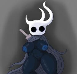 anthro big_breasts black_body breasts broken_vessel cloak clothing female genitals hand_behind_back hi_res hollow_knight horn lost_kin nipples poraka7 pussy solo thick_thighs vessel_(species) weapon